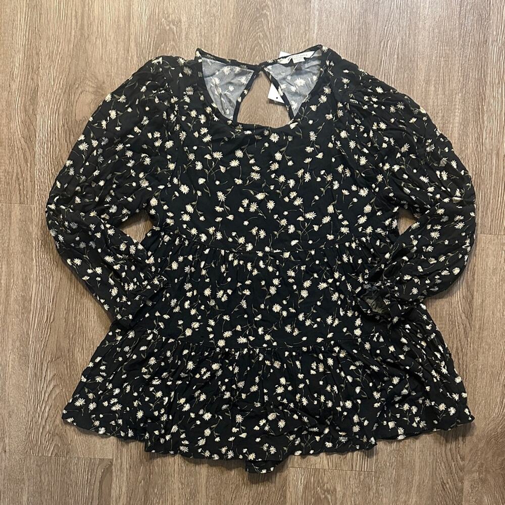 NWT American Eagle Open Back Babydoll Blouse Black Floral XS Tiered